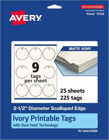 Avery Printable Round Scalloped Tags with Sure Feed Technology, 2-1/2" Diameter, Matte Ivory Cardstock, Print-to-the-Edge, Laser/Inkjet, 90 Total, Great for Custom Gift Tags and Branding Tags in Kuwait