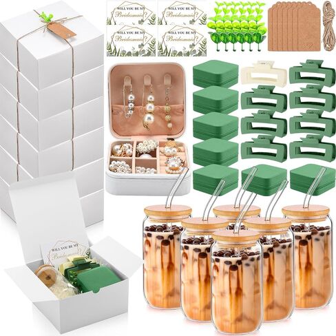 Quelay 56 Pcs Bridesmaid Proposal Gift Set, 15oz Glass Cup, Mini Jewelry Box, Square Clips, Gift Box Will You Be My Bridesmaid Invitation Card for Bridal Shower Bridesmaid Bachelorette Party(Pink) in Kuwait