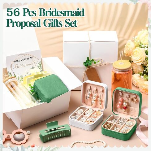 Quelay 56 Pcs Bridesmaid Proposal Gift Set, 15oz Glass Cup, Mini Jewelry Box, Square Clips, Gift Box Will You Be My Bridesmaid Invitation Card for Bridal Shower Bridesmaid Bachelorette Party(Pink) in Kuwait