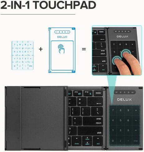 DeLUX Foldable Keyboard with Touchpad and Numeric Keypad, 2.4G Wireless and Bluetooth, Rechargeable Portable Travel Folding Keyboard with PU Leather, for iOS Android Windows Tablet (KF18) in Saudi Arabia