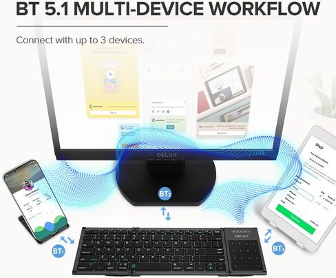 DeLUX Foldable Keyboard with Touchpad and Numeric Keypad, 2.4G Wireless and Bluetooth, Rechargeable Portable Travel Folding Keyboard with PU Leather, for iOS Android Windows Tablet (KF18) in Saudi Arabia