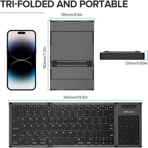DeLUX Foldable Keyboard with Touchpad and Numeric Keypad, 2.4G Wireless and Bluetooth, Rechargeable Portable Travel Folding Keyboard with PU Leather, for iOS Android Windows Tablet (KF18) in Saudi Arabia