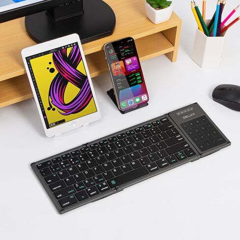 DeLUX Foldable Keyboard with Touchpad and Numeric Keypad, 2.4G Wireless and Bluetooth, Rechargeable Portable Travel Folding Keyboard with PU Leather, for iOS Android Windows Tablet (KF18) in Saudi Arabia