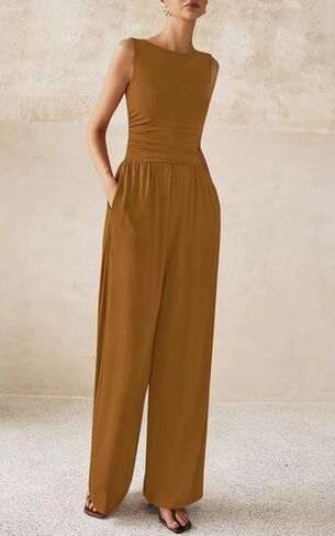 PRETTYGARDEN One Piece Jumpsuits for Women Dressy Casual Sleeveless Crewneck Wide Leg Rompers Jumpers Vacation Summer Outfits in Kuwait