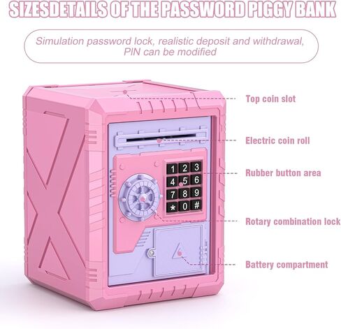 ATM BANK Electronic Bank مع وصول كلمة المرور والرمز القابل للتخصيص و Automatic Bill Roller & Music - مربع لتوفير الأموال ممتعة وآمنة للأطفال والبالغين (الوردي) in Kuwait