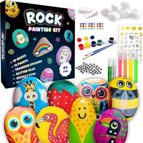 طقم الطلاء الصخري - توهج في The Dark ، 60+ PCS Arts and Crafts Rock Painting Kit للأطفال 6-12 ، اللوازم الفنية مع الوهج والدهانات القياسية ، ألعاب في الهواء الطلق للبنين والبنات عيد ميلاد وهدايا عيد الفصح in Kuwait