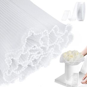 Floral Wrapping Paper for Bouquet Flower Wrapping Paper with Pearl Edge,White Wrinkled Translucent Lace Mesh Florist floral Paper for flowers bouquet wrap for Mother's Day Valentine's Day Wedding Gift Packaging
