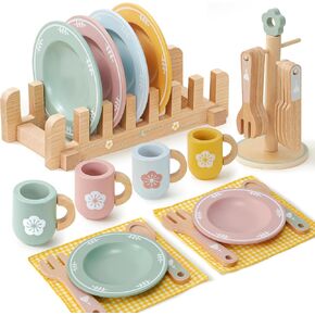 تلعب Toyssa Wooden Play إكسسوارات المطبخ Montessori للأطفال الصغار 3-5 ، قم بلعب الأطباق لمطبخ الأطفال مع أطباق وأطباق واقعية ، هدايا عيد ميلاد عيد الميلاد لمدة 3 4 5 6 سنوات الفتيات الفتيان
