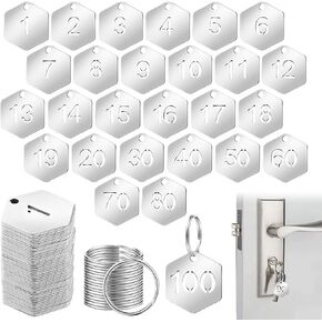 100 PCS مجوفة الفولاذ المقاوم للصدأ العلامات العلامات المرقمة مع حلقات حلقات سداسي المعادن معرف مع أرقام 1-100 لمخزونات منزل النائب (سداسي)
