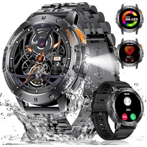 Smart Watches for Men(3 Straps),1,43'' AMOLED Military Smart Watch for Men with LED Flashlight/530mAh Large Battery/5ATM Waterproof,Fitness Tracker Smartwatch with Answer/Make Call iOS Android