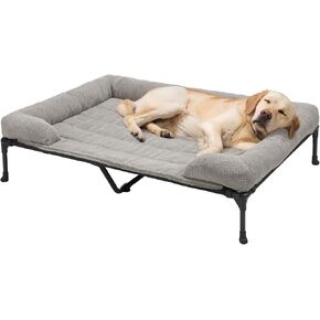 Veehoo Cooling Elevated Dog Bed Add Removable Corduroy Bolster Cushion Mat, 53" x 33" Washable Dog Couch Bed, Raised Pet Cot with Breathable Teslin Mesh, No-Slip Feet, Grey, CWC2439D