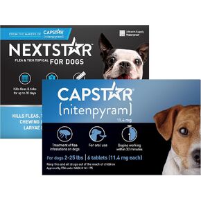 علاج البراغيث Capstar للكلاب 2-25 رطل (6 جرعات) + براغيث NextStar والوقاية من القراد للكلاب الصغيرة 5-22 رطل (3 جرعات) حزمة