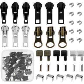 39 Pcs Zipper Repair Kit, Replacement Universal Zipper Fixer Head Slider Retainer Box Insert Pin Top Bottom Stoppers Lockable Sliders Metal Latches for Repairing Clothes