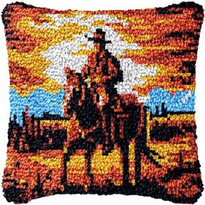 Western Cowboy on Horse Latch Hook Pillow Kit للبالغين ، قم بإلقاء غطاء وسادة مع قماش مطبوع DIY Hook Crochet Yarn Edele Craft Easy Handmade Cushion for Home Sofa Decoration 43x43cm (8)