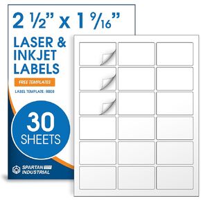 2 1/2 "× 1 9/16" ملصقات قابلة للطباعة بيضاء غير لامعة متوافقة مع طابعات الحبر والليزر - 30 ورقة ، 540 ملصقًا صغيرًا للعناوين والباركود ووضع علامات على المنتجات - Spartan Industrial
