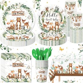 169 PCS Woodland Woodland Dame Decorations تشمل أطباق الغابات ، والكؤوس ، والمناديل ، وأدوات المائدة ، وملفات المائدة لزخارف عيد ميلاد Safari Woodland ، وخدمة 24 ضيفًا