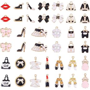 Cheriswelry 40pcs Enamel Fashion Women Makeup Charms Mixed Lipstick Dress High Heels Diamond Shoes Bowknot Bag Pendants Gifts for Women Jewelry Making Supplies DIY Crafts