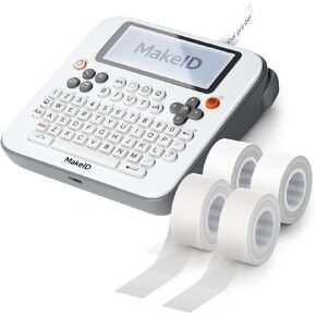 Makeid E1 White Label Maker with 4 Continuous Tapes White*2 & Transparent*2, Bluetooth Compatible Thermal Printer - QWERTY Keyboard, 4.42" LCD Screen - Prints 9mm, 12mm, 16mm Clear Waterproof Sticker