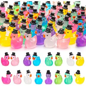 80 Pack Luminous Mini Resin Ducks, Miniature Ducks Figures Wearing Black Gentleman Hat, Glow in The Dark Mini Ducks, Tiny Ducks, DIY Crafts Cake Decor