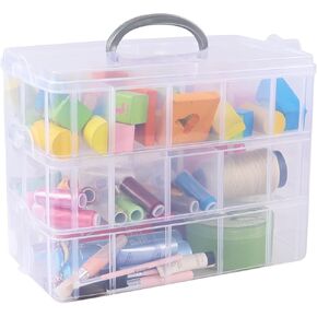 Plastic Stackable Storage Container Box with 30 Adjustable Compartments, 3 Tiers Clear Stackable Craft Organizers with Dividers and Handle for Arts and Crafts, Toy, Fuse Beads, Washi Tapes