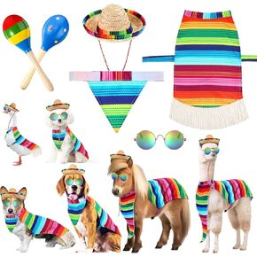 Abbylike 5 PCS Mexican Miniature Horse Horse Alpaca Yard Goose Costume Core Consers Conserbow Poncho Sombrero Hat Gets Sunglasses Maracas for Cinco de Mayo ، Day of the Dead ، Mexican theme Party (كبير)