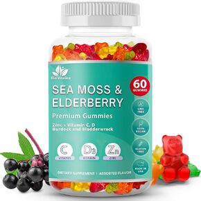 BIO VITALICA Sea Moss Gummies Elderberry BioVitalica - Vitamin C D + Zinc - Irish Seamoss Vegan Gummy with Sea Moss Gel & Powder for Immunity, Detox & Energy - for Adults and Kids