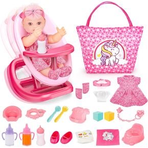 deAO Baby Doll Playset Baby Doll Crib Bed Set Adjustable 2 in 1 Baby High Chair and Rocking Bed, Baby Doll Accessories with 13 Inch Dolls, Feeding Pretend Play Toy Gift for Toddler 3+ Years Old
