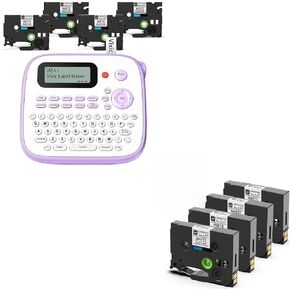 D210S Purple Label Maker with 4 Pack 12mm 0.47 Inch Laminated White Tapes and 4 Pack 9mm 0.35 Inch Laminated White Tapes