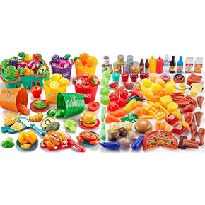2 Play Food Pets for Kids Kitchen ، 77pc Color Footing Food مع سلة تخزين+143pcs تلعب إكسسوارات المطبخ ولعب الأطفال التعليمي