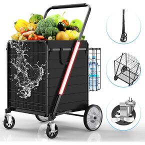 Folding Shopping Cart with 360° Rolling Swivel Wheels & Brakes - Jumbo Foldable Grocery Cart with Double Basket & Waterproof Liner, 540lbs Portable Heavy Duty Utility Carts for Laundry