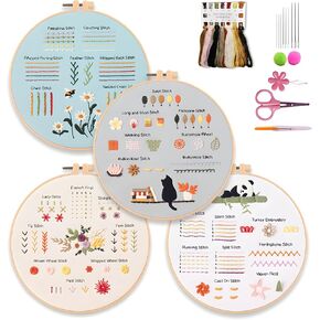 4 Pack Embroidery Kit for Beginners Adults DIY Starter Kit with Stamped Patterns,Embroidery Hoop,Colorful Threads,Tools,Step by Step Instructions&Video Tutorial,Needlepoint Kits,Hand Craft Lover Gift