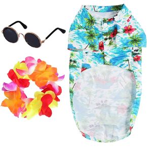 3 Pieces Pet Hawaiian Costume Set Hawaiian T-Shirts Cute Sunglasses and a Colorful Wreath for Small to Medium Cats Dogs