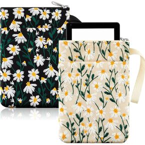 2 PCS 6-7 بوصة Daisy مطرزة الأكمام القارئ الإلكترونية مبطنة مع مقبض وسحاب للقارئ الإلكتروني هدية أزياء رائعة للمعلمين القارئ (أبيض ، أسود)