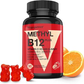 Vitamin B12 1000 mcg Gummies for Adults - 180 Count I Vegan Methyl B12 & Vitamin D 5000 IU Gummy Supplements for Women - Supports Bone Health & Energy Boost - Non-GMO, Orange Flavor Bears