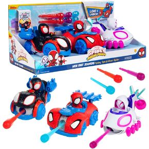 Marvel Spidey and His Amazing Friends Web Dart Zoomers 3 Pack Vehicle Set - Spider-Man, Miles Morales/Spin & Gwen Stacy Ghost - 3 Cars w/ Load & Launch Darts - Spider-Verse Gift for Kids, Boys, Girls