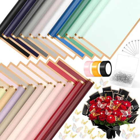 Tidponra Bouquet Wrapping Paper Kit Includes 100 Sheets Flower Wrapping Paper, 24 Butterflies, 100 Crystal Pins and 3 Silky Ribbon for DIY Flower Bouquet in Saudi Arabia