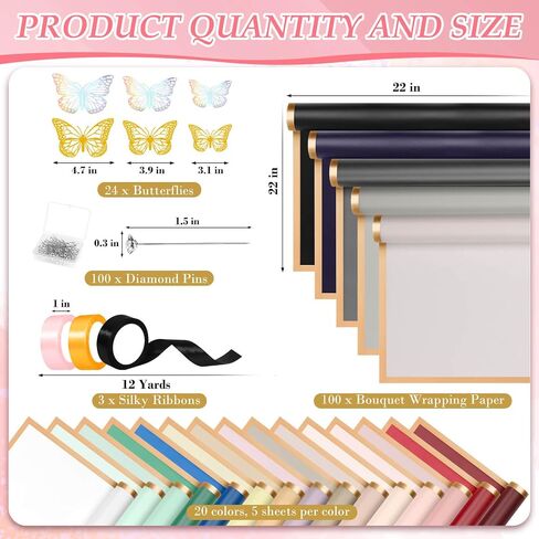 Tidponra Bouquet Wrapping Paper Kit Includes 100 Sheets Flower Wrapping Paper, 24 Butterflies, 100 Crystal Pins and 3 Silky Ribbon for DIY Flower Bouquet in Saudi Arabia