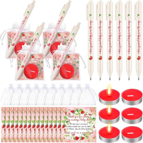 Qilery 50 Sets Baby Shower Favors for Guests Includes 50 Tea Light Candles 50 Retractable Ballpoint Pen 50 Gift Bags 50 Thank Tags for Birthday Favors Supplies (Strawberry) in Saudi Arabia