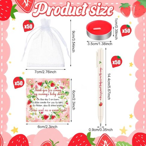 Qilery 50 Sets Baby Shower Favors for Guests Includes 50 Tea Light Candles 50 Retractable Ballpoint Pen 50 Gift Bags 50 Thank Tags for Birthday Favors Supplies (Strawberry) in Saudi Arabia