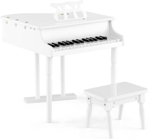 Goplus 30-Key Classical Kids Piano, Mini Grand Piano Wooden Learn-to-Play Musical Instrument Toy with Bench, Piano Lid, Music Rack, Gift for Boys Girls Aged 2+ Baby Toddler(3 Straight Leg-White) in Saudi Arabia