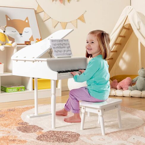Goplus 30-Key Classical Kids Piano, Mini Grand Piano Wooden Learn-to-Play Musical Instrument Toy with Bench, Piano Lid, Music Rack, Gift for Boys Girls Aged 2+ Baby Toddler(3 Straight Leg-White) in Saudi Arabia