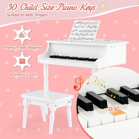 Goplus 30-Key Classical Kids Piano, Mini Grand Piano Wooden Learn-to-Play Musical Instrument Toy with Bench, Piano Lid, Music Rack, Gift for Boys Girls Aged 2+ Baby Toddler(3 Straight Leg-White) in Saudi Arabia