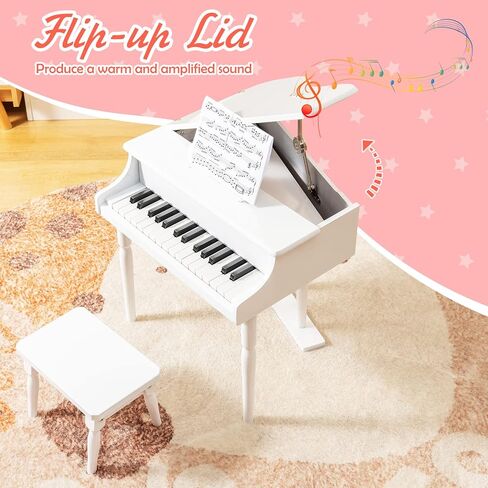 Goplus 30-Key Classical Kids Piano, Mini Grand Piano Wooden Learn-to-Play Musical Instrument Toy with Bench, Piano Lid, Music Rack, Gift for Boys Girls Aged 2+ Baby Toddler(3 Straight Leg-White) in Saudi Arabia