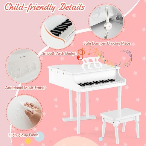 Goplus 30-Key Classical Kids Piano, Mini Grand Piano Wooden Learn-to-Play Musical Instrument Toy with Bench, Piano Lid, Music Rack, Gift for Boys Girls Aged 2+ Baby Toddler(3 Straight Leg-White) in Saudi Arabia