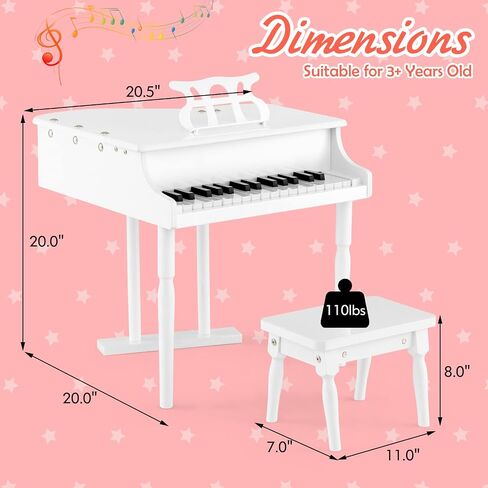 Goplus 30-Key Classical Kids Piano, Mini Grand Piano Wooden Learn-to-Play Musical Instrument Toy with Bench, Piano Lid, Music Rack, Gift for Boys Girls Aged 2+ Baby Toddler(3 Straight Leg-White) in Saudi Arabia