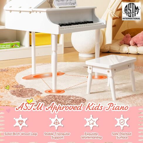 Goplus 30-Key Classical Kids Piano, Mini Grand Piano Wooden Learn-to-Play Musical Instrument Toy with Bench, Piano Lid, Music Rack, Gift for Boys Girls Aged 2+ Baby Toddler(3 Straight Leg-White) in Saudi Arabia