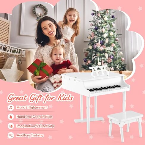 Goplus 30-Key Classical Kids Piano, Mini Grand Piano Wooden Learn-to-Play Musical Instrument Toy with Bench, Piano Lid, Music Rack, Gift for Boys Girls Aged 2+ Baby Toddler(3 Straight Leg-White) in Saudi Arabia