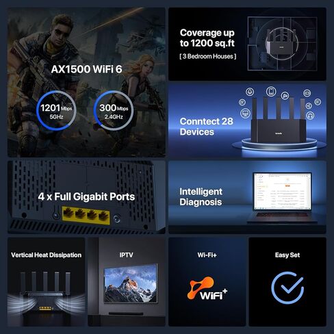 Tenda WiFi 6 Router AX3000 Dual Band Wireless Router for Home Networking with 5 * 6dBi High-Gain Antennas, High Speed Router with 4 Gigabit Ports, Support WPA3, VPN(RX12L Pro) in Kuwait