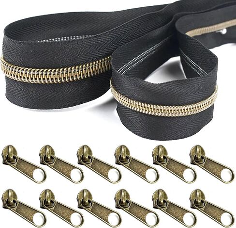 YIEN-SmallBB Metallic Nylon Coil Zippers #5 10 Yards Sewing Zippers Bulk DIY Zipper by The Yard Bulk with 20PCS Zipper Slider for DIY Sewing (Anti-Brass Teeth Black Tape) in Kuwait