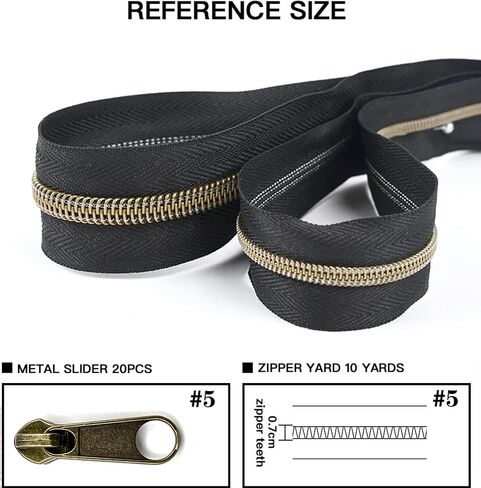 YIEN-SmallBB Metallic Nylon Coil Zippers #5 10 Yards Sewing Zippers Bulk DIY Zipper by The Yard Bulk with 20PCS Zipper Slider for DIY Sewing (Anti-Brass Teeth Black Tape) in Kuwait